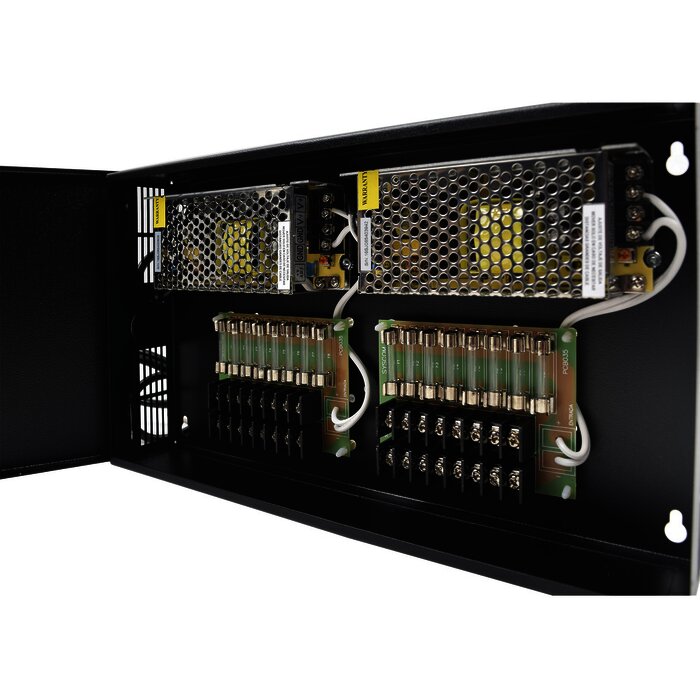 Fuente de poder profesional CCTV de 12-13.2 Vdc @10A, 16 cámaras, volt. de entrada: 100-240 Vca (Fusibles Administrables)