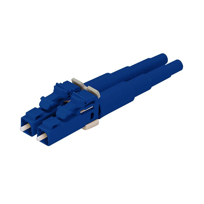 Conector de Fibra Óptica LC Duplex OptiCam, Monomodo 9/125 OS2, Pre-pulido, Color Azul