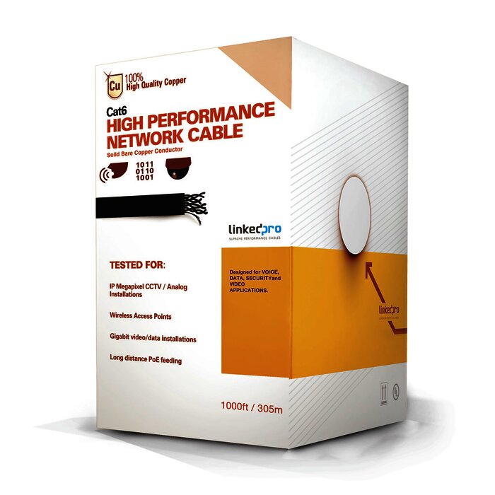 Bobina de cable de 305 metros Cat6+, CALIBRE 23 ALTO RENDIMIENTO, ETL,UL, con garantía de por vida, color azul, super flexible, para aplicaciones de CCTV, video HD, y redes de datos. Uso interior.