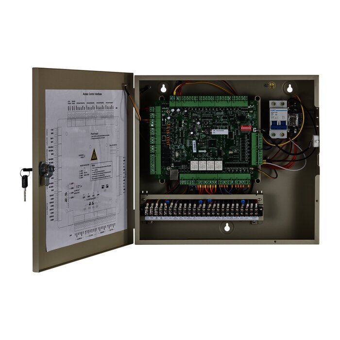Controlador de Acceso / 4 Puerta / 8 Lectores Huella y Tarjeta / Integración con Video / 100,000 Tarjetas / Incluye Gabinete y Fuente de Alimentación 12VCD/8A / Soporta batería de respaldo