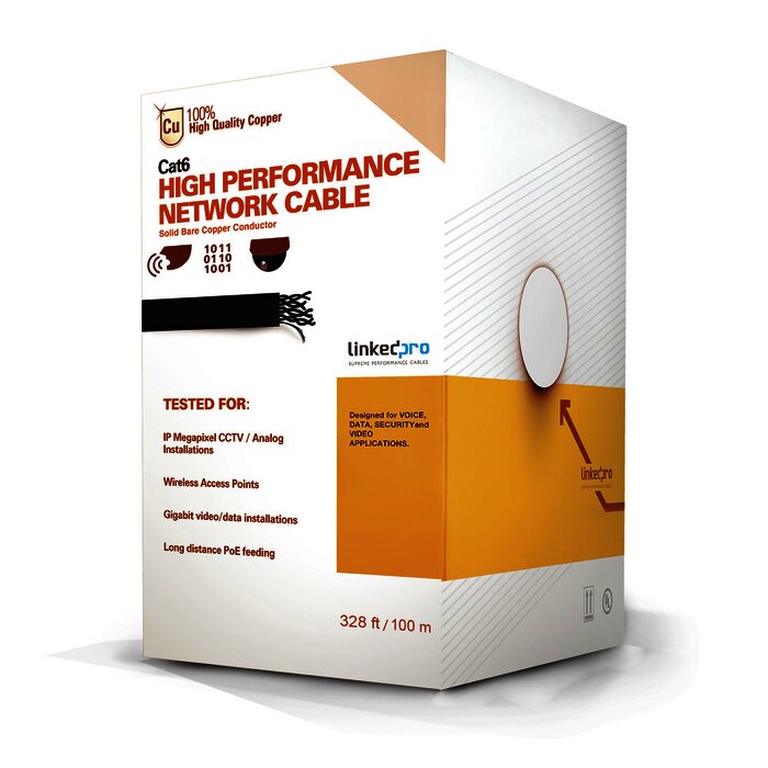 Cable Cat6+ CALIBRE 23 ALTO RENDIMIENTO, ETL,UL, con garantía de 25 años, color azul, de 100 metros, super flexible, para aplicaciones de CCTV, video HD, y redes de datos.