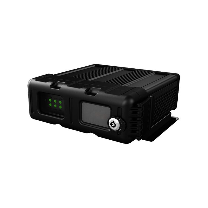 Vídeo Grabador Móvil Tríbrido, soporta 4 canales AHD hasta 2MP + 1 canal IP hasta 2MP. Compresión de vídeo H.265, sistema de almacenamiento mediante memoria SD.