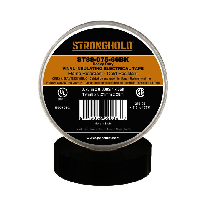 Cinta Eléctrica para Aislar, de PVC, Trabajo Pesado, Grosor de 0.21 mm (8.5 mil), Ancho de 19 mm, y 20 m de Largo, Uso Interior/Exterior, Color Negro