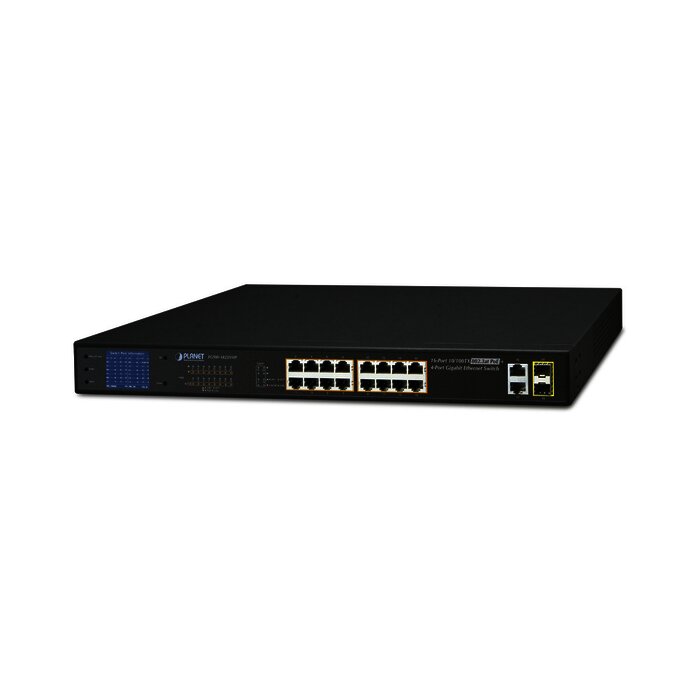Switch no administrable PoE+ Extended, Aislamiento VLAN de 16 puertos + 2 combo TP/SFP Gigabit y Pantalla