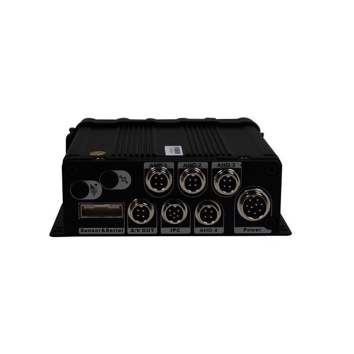 Vídeo Grabador Móvil Tríbrido, soporta 4 canales AHD hasta 2MP + 1 canal IP hasta 2MP. Compresión de vídeo H.265, sistema de almacenamiento mediante memoria SD.