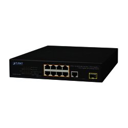Switch no Administrable 8 puertos 10/100 c/ PoE, 1 puerto Uplink 10/100/1000 y 1 SFP 100/1000 para escritorio