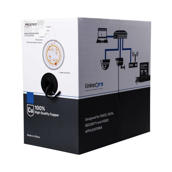 Bobina de cable de 305 m, Cat5e , FTP, blindado, color negro, UL, para aplicaciones en CCTV, redes de datos. Uso en Intemperie