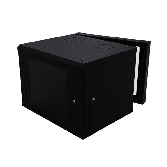 Gabinete Abatible de Pared (Con Marco Trasero) con Rack 19" de 9 Unidades. Ventana de Cristal Templado.