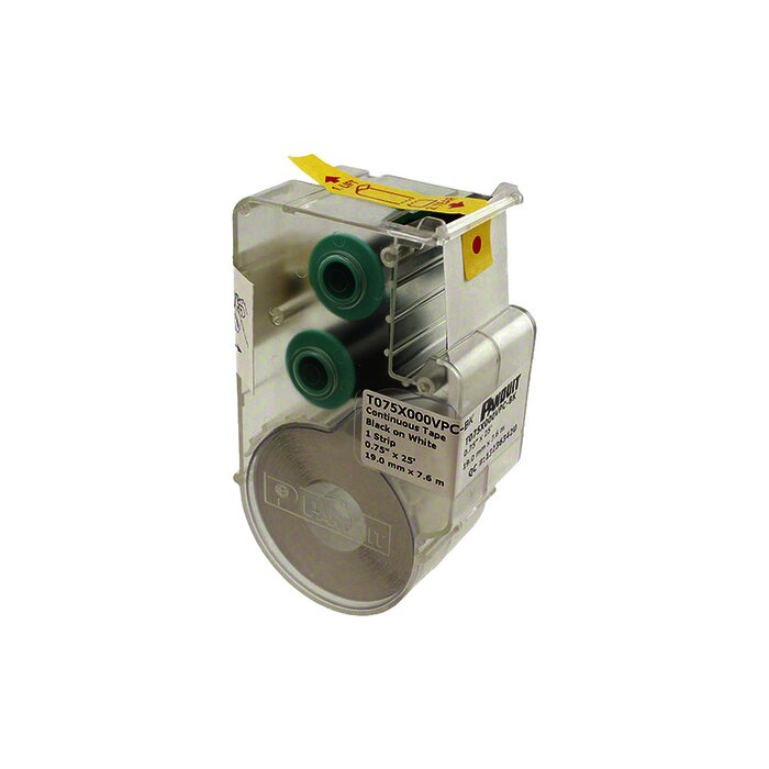 Casete de etiquetas de vinilo, cinta continua, color negro sobre blanco, 19.05 mm x 7.6 metros