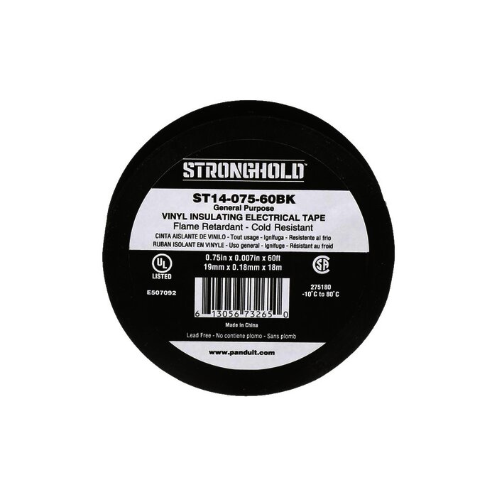 Cinta Eléctrica para Aislar, de PVC, Uso General, Grosor de 0.18mm (7 mil), Ancho de 19mm, y 18m de Largo, Color Negro