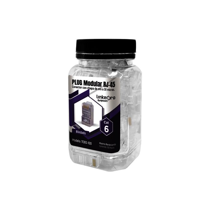 Bote con 100 Piezas de Plug Modular RJ45 Cat6 blindado, chapado de oro a 30 micras para durabilidad extrema SIN PIN DE TIERRA