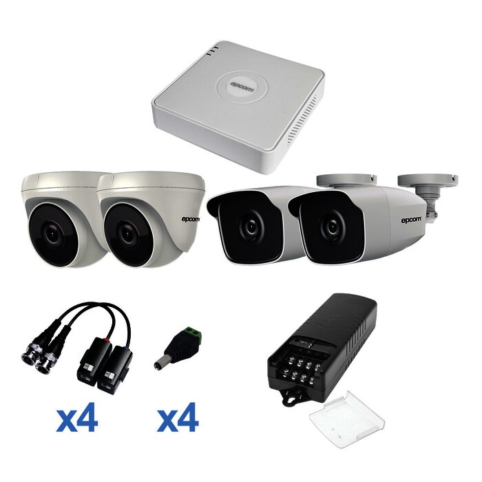 KIT TurboHD 720p / DVR 4 Canales / 2 Cámaras Bala (exterior 2.8 mm) / 2 Cámaras Eyeball (interior 2.8 mm) / Transceptores / Conectores / Fuente de Poder Profesional