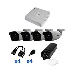 KIT TurboHD 720p / DVR 4 Canales / 4 Cámaras Bala (exterior 2.8 mm) / Transceptores / Conectores / Fuente de Poder Profesional