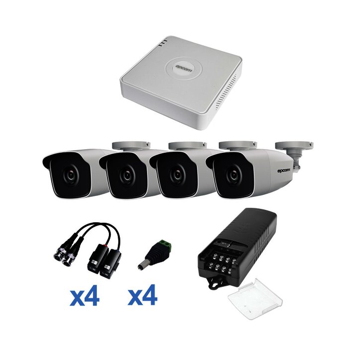 KIT TurboHD 720p / DVR 4 Canales / 4 Cámaras Bala (exterior 2.8 mm) / Transceptores / Conectores / Fuente de Poder Profesional