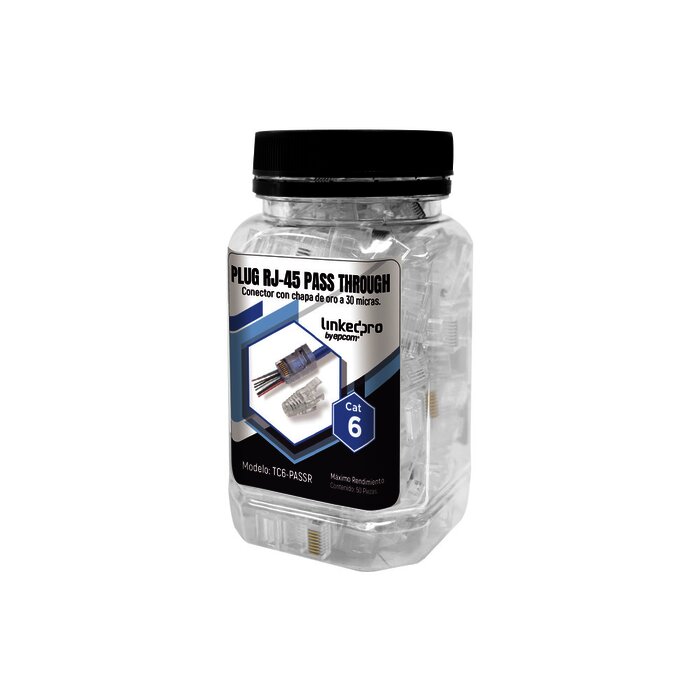 Bote con 50 Plugs Pass through RJ45 Cat6 sin blindaje, con alivio de tensión incluido, chapado de oro a 30 micras para durabilidad extrema