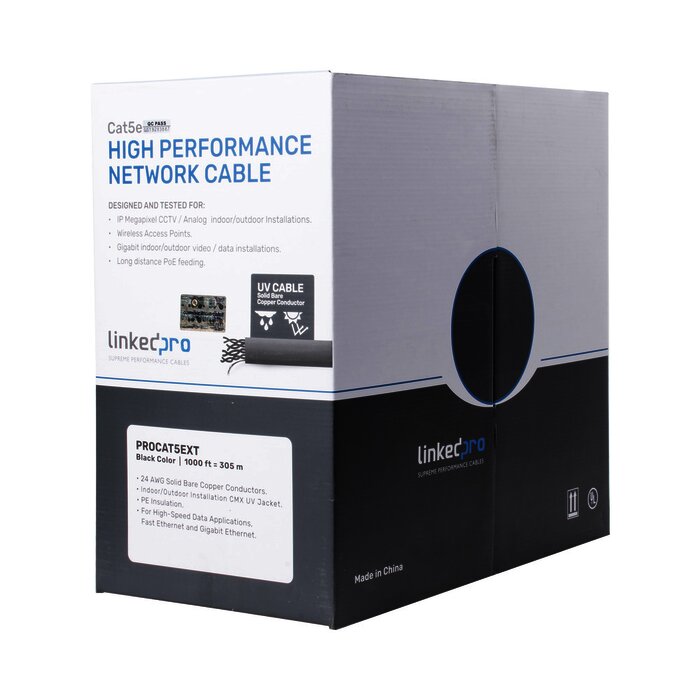 Bobina de cable de 305 m, Cat5e , FTP, blindado, color negro, UL, para aplicaciones en CCTV, redes de datos. Uso en Intemperie