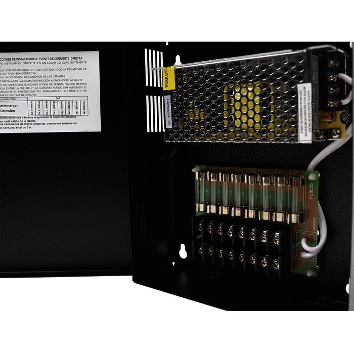 Fuente de poder profesional CCTV de 12-13.2Vdc @5A, 8 cámaras, Volt. de entrada: 100-240 Vca (Fusibles Administrables)