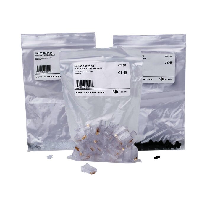Plug RJ45 Cat6, Para Cable UTP Calibre 23 a 26 AWG, Chapado en Oro de 50 micras, Bolsa con 50 piezas