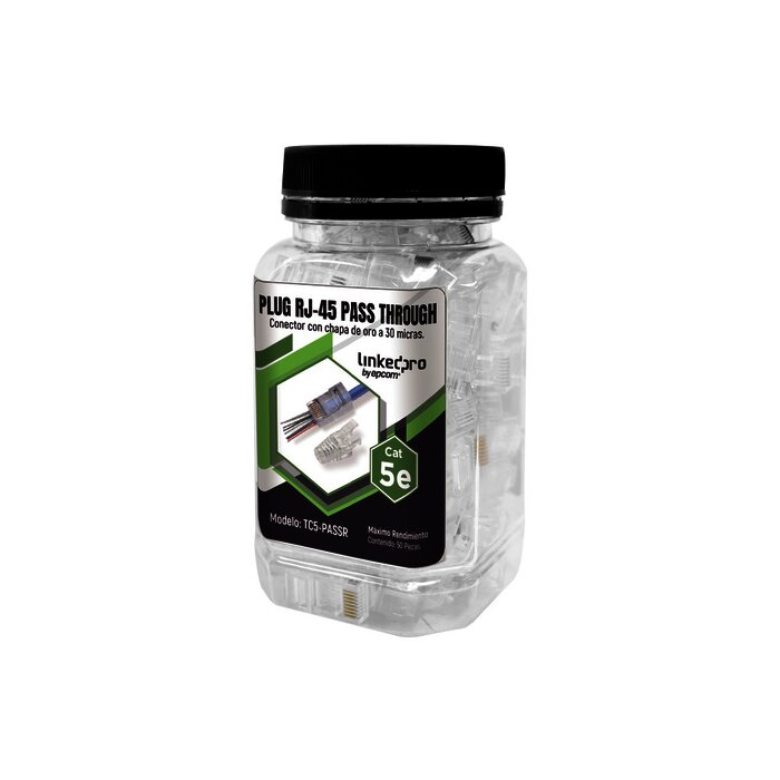 Bote con 50 Plugs Pass through RJ45 Cat5e sin blindaje, con alivio de tensión incluido, chapado de oro a 30 micras para durabilidad extrema