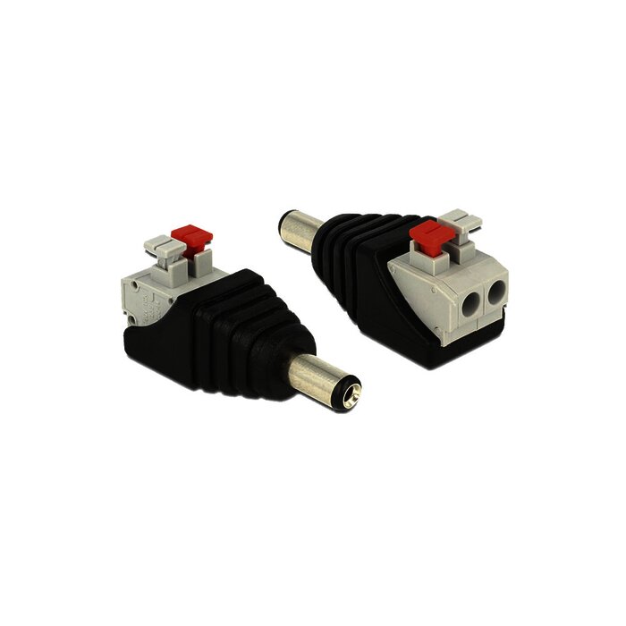 Adaptador tipo jack de 3.5 mm macho polarizado de 12 vcd con terminales de presión.