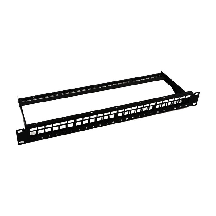 Patch panel modular sin blindaje de 24 puertos, 1U, con barra para organizar cable