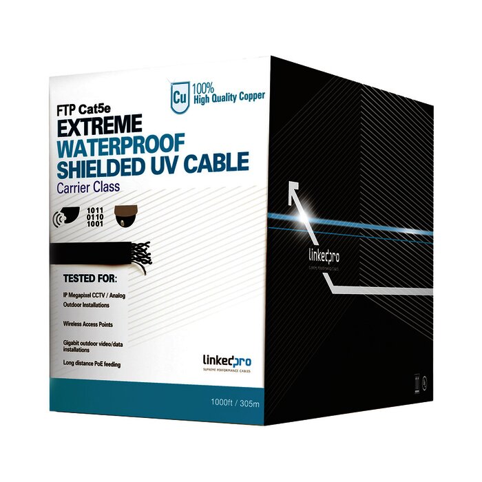 Bobina de cable de 305 m, Cat5e, color negro, sin blindar, para aplicaciones de CCTV, redes de datos. Uso en intemperie