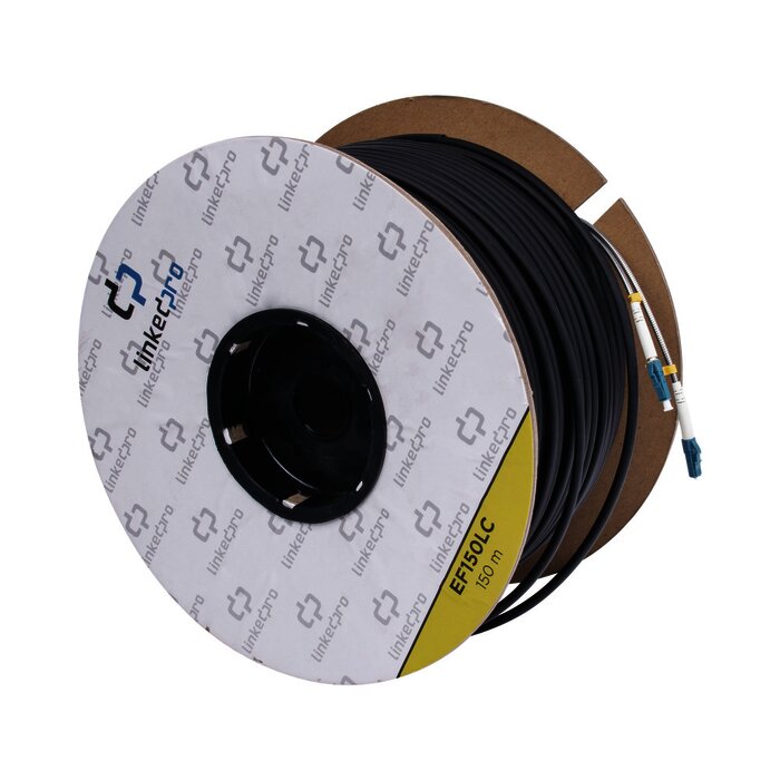 Carrete de Fibra Óptica Monomodo con conectores LC-LC Duplex, Reforzada con Kevlar, de 150 metros