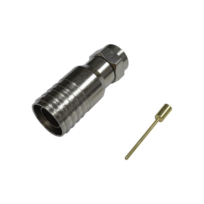 Conector F Macho (75 Ohm), de Anillo Plegable para instalar en cables RG-11, Bronce Niquelado.