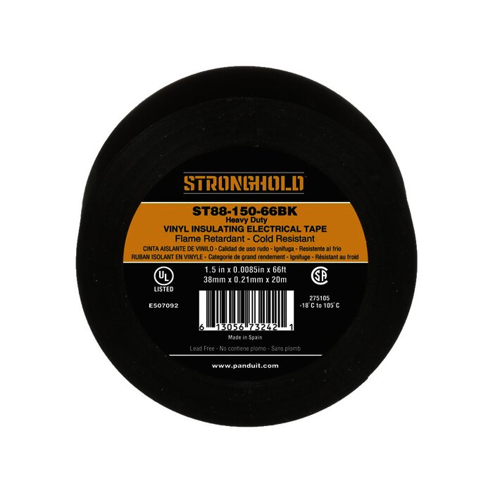 Cinta Eléctrica para Aislar, de PVC, Trabajo Pesado, Grosor de 0.21 mm (8.5 mil), Ancho de 38 mm, y 20 m de Largo, Uso Interior/Exterior, Color Negro