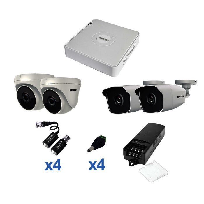 KIT TurboHD 720p / DVR 4 Canales / 2 Cámaras Bala (exterior 2.8 mm) / 2 Cámaras Eyeball (interior 2.8 mm) / Transceptores / Conectores / Fuente de Poder Profesional