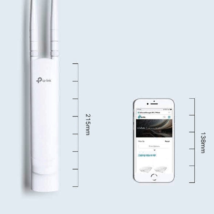 Punto de acceso WiFi Omada para exterior, 802.11 b/g/n (2.4 GHz), 2 antenas de 3 dBi desmontables, alimentación PoE pasivo, soporta hasta 50 clientes.