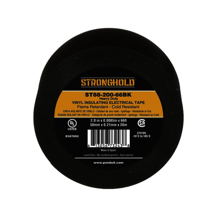 Cinta Eléctrica Para Aislar, de PVC, Trabajo Pesado, Grosor de 0.21 mm (8.5 mil), Ancho de 50 mm, y 20 m de Largo, Uso Interior/Exterior, Color Negro