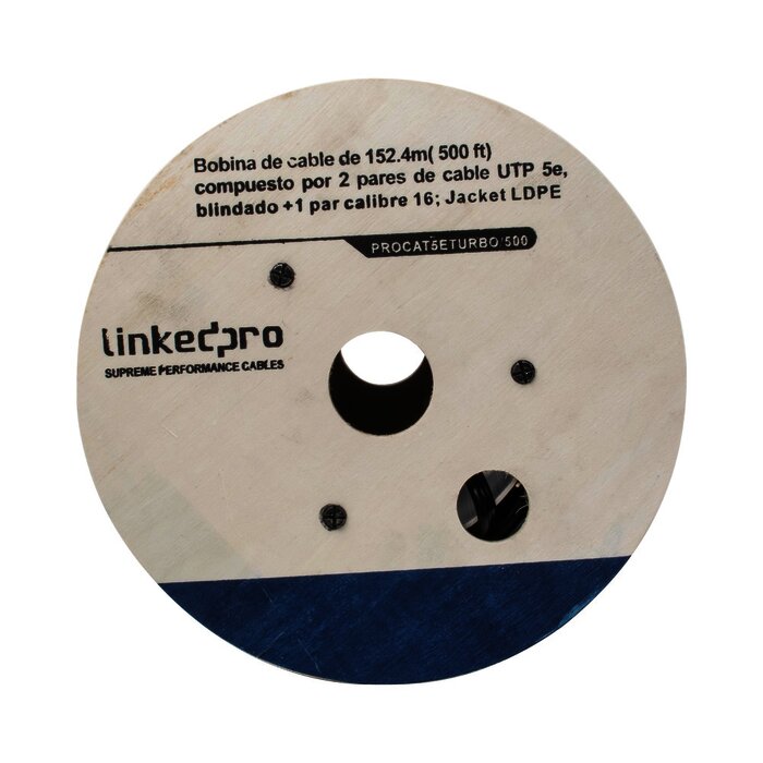 Bobina de cable de 152 m ( 500 ft ) compuesto por 2 pares de cable UTP 5e , blindado + 1 par calibre 16 ; Jacket LDPE ( Cable 100% Cobre )