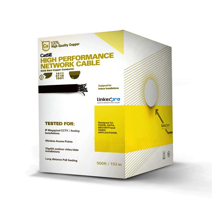 Cable Cat5e de alto rendimiento certificaciones ETL, UL, con garantía de 25 años, de 500 ft ( 152.5 m ) de color Blanco, para aplicaciones en CCTV, redes de datos. Uso Interior.