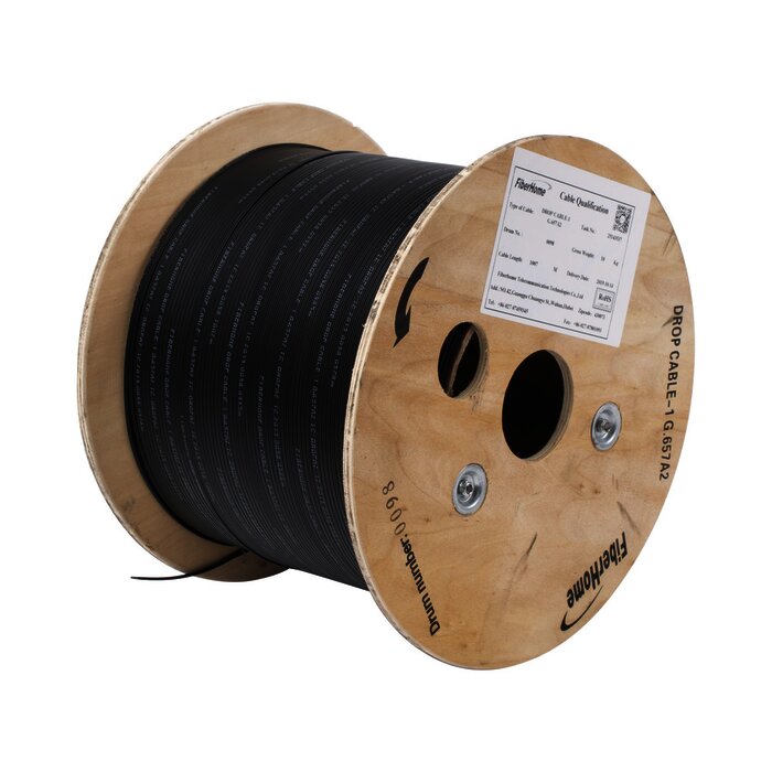 Carrete de 1 km de Fibra Óptica Drop para Interior G.657A2 Monomodo de 1 hilo, Dieléctrica, Forro Negro