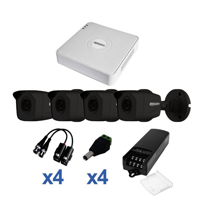 KIT TurboHD 720p / DVR 4 Canales / 4 Cámaras Bala (exterior 2.8 mm) / Transceptores / Conectores / Fuente de Poder Profesional