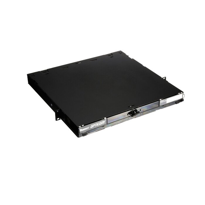 Panel de Distribución de Fibra Óptica, Acepta 4 Placas FAP o FMP, Bandeja Deslizable e Inclinable Hacia Abajo, Hasta 96 Fibras, Color Negro, 1UR