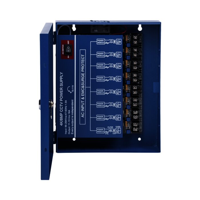 Fuente de poder profesional HEAVY DUTY de 11 - 15 Vcd @ 16 Amper, para 8 cámaras, con voltaje de entrada de: 110-220 Vca / Compatible con cámaras 4K