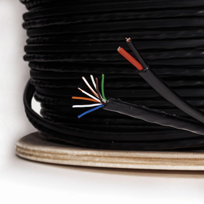 Bobina 305m Cat5e CCA + 2 Cables de Alimentación para Cámaras de Videovigilancia, Instalación en Exterior, uso Industrial para Climas Extremos