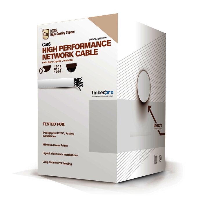 Bobina de cable de 305 metros de cable Cat6 de alto desempeño, super flexible, UL, Cobre, color blanco, para aplicaciones de CCTV y redes de datos