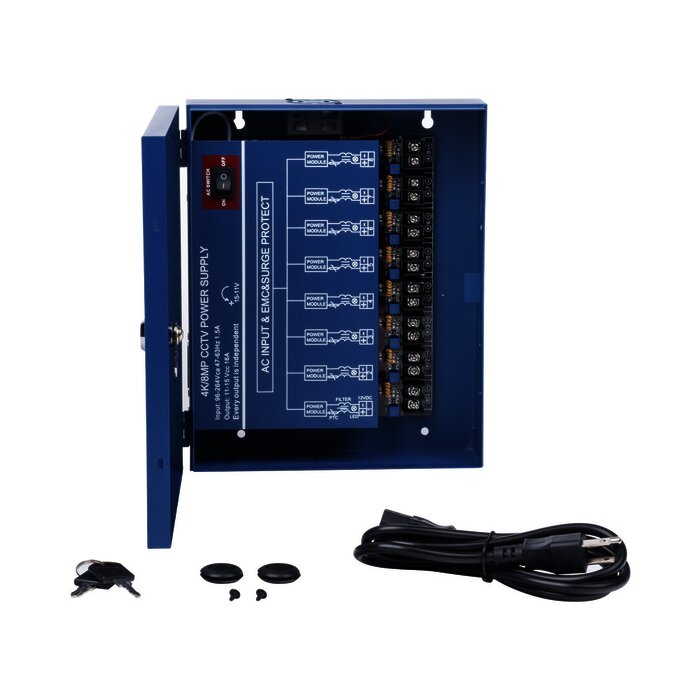 Fuente de poder profesional HEAVY DUTY de 11 - 15 Vcd @ 16 Amper, para 8 cámaras, con voltaje de entrada de: 110-220 Vca / Compatible con cámaras 4K