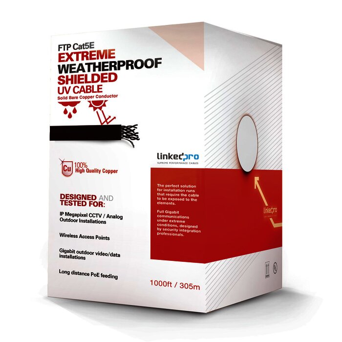 Bobina de cable de 152 m, Cat5e, FTP, blindado, para intemperie, color negro, UL, color negro, para aplicaciones en CCTV, redes de datos.