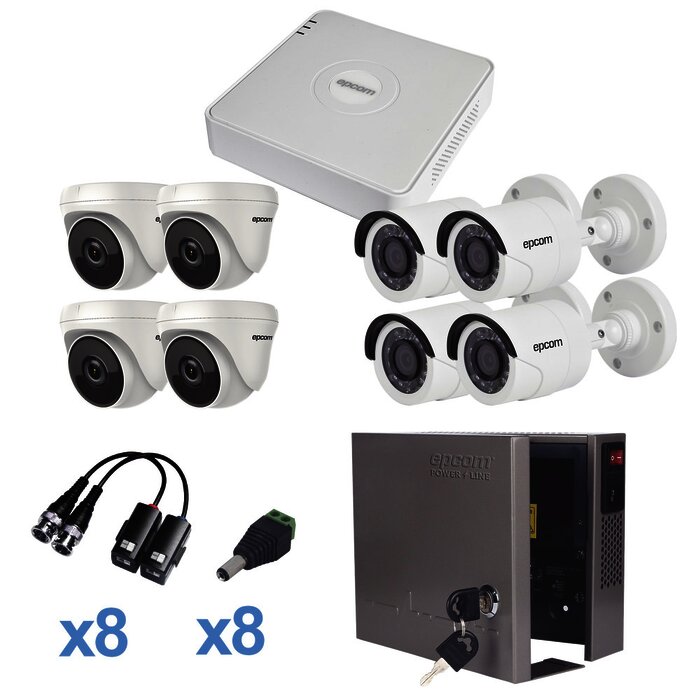 KIT TurboHD 720p / DVR 8 Ch / 4 Cámaras Bullet ( exterior 3.6 mm ) / 4 Cámaras Eyeball (interior 3.6mm ) / Transceptores / Conectores / Fuente de Poder Profesional