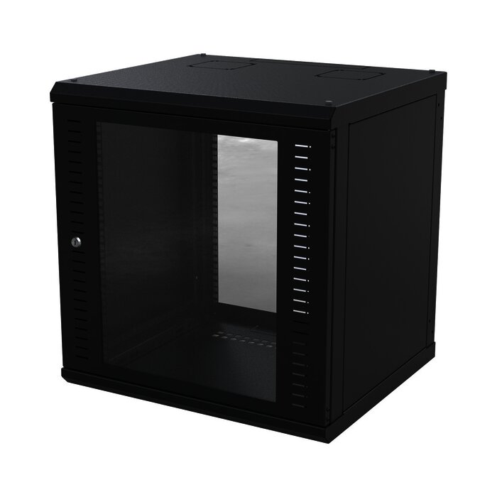 Gabinete para Montaje en Pared, Puerta de Cristal Templado, Cuerpo Fijo con Rack 19" de 12 Unidades