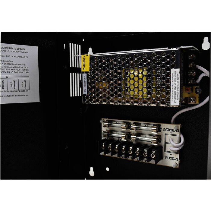 Fuente de poder profesional CCTV de 12-13.2 Vdc @5A, 4 cámaras, volt. de entrada: 100-240 Vca (Fusibles Administrables)