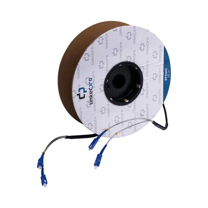 Carrete de Fibra Óptica Monomodo con conectores SC-SC Duplex, Reforzada con Kevlar, de 50 metros
