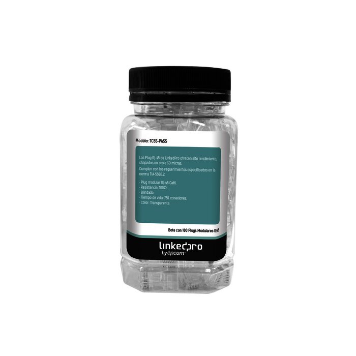 Bote con 100 Plugs Pass through RJ45 Cat5e BLINDADO, chapado de oro a 30 micras para durabilidad extrema