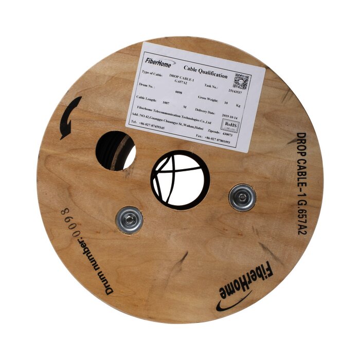 Carrete de 1 km de Fibra Óptica Drop para Interior G.657A2 Monomodo de 1 hilo, Dieléctrica, Forro Negro