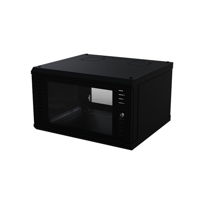 Gabinete para Montaje en Pared, Puerta de Cristal Templado, Cuerpo Fijo con Rack 19" de 6 Unidades.
