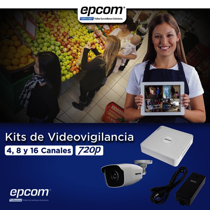 KIT TurboHD 720p / DVR 4 Canales / 4 Cámaras Bala (exterior 2.8 mm) / Transceptores / Conectores / Fuente de Poder Profesional